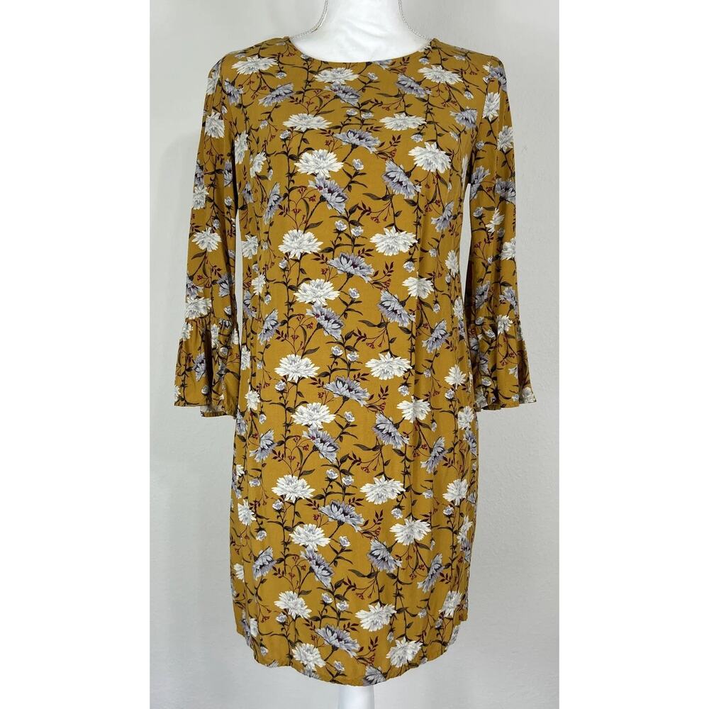 Old Navy Gold Floral Shift Dress XS 0/2 Bell Sleeve Mini Dress